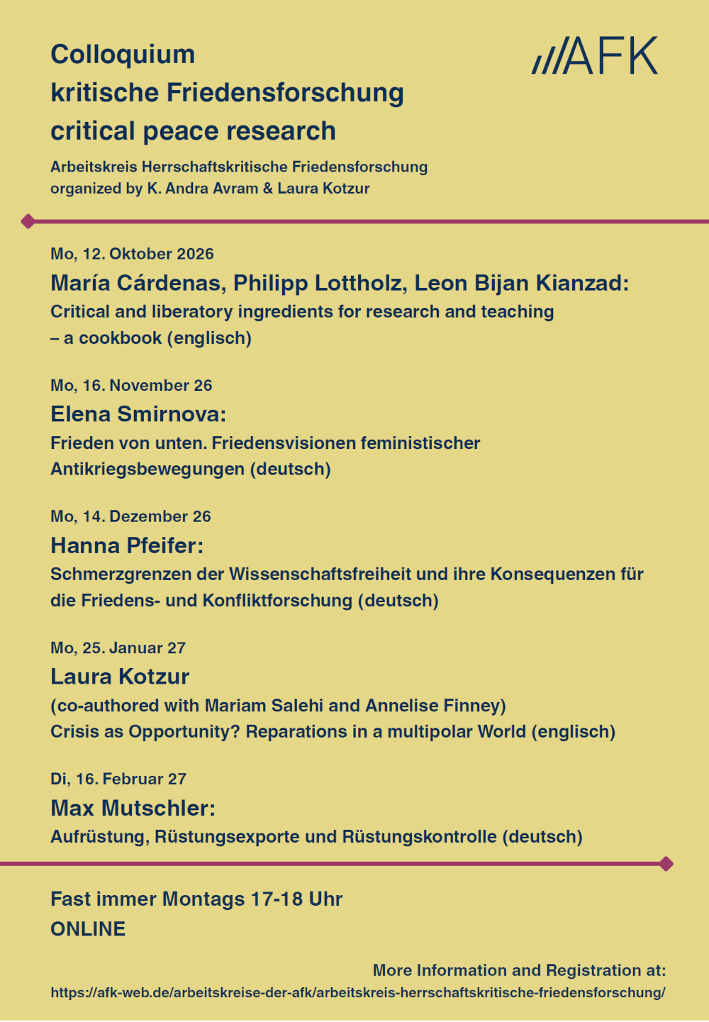 Overview on the talks within the Colloquium "Kritische Friedensforschung/critical peace research" during the winter term 2026/27