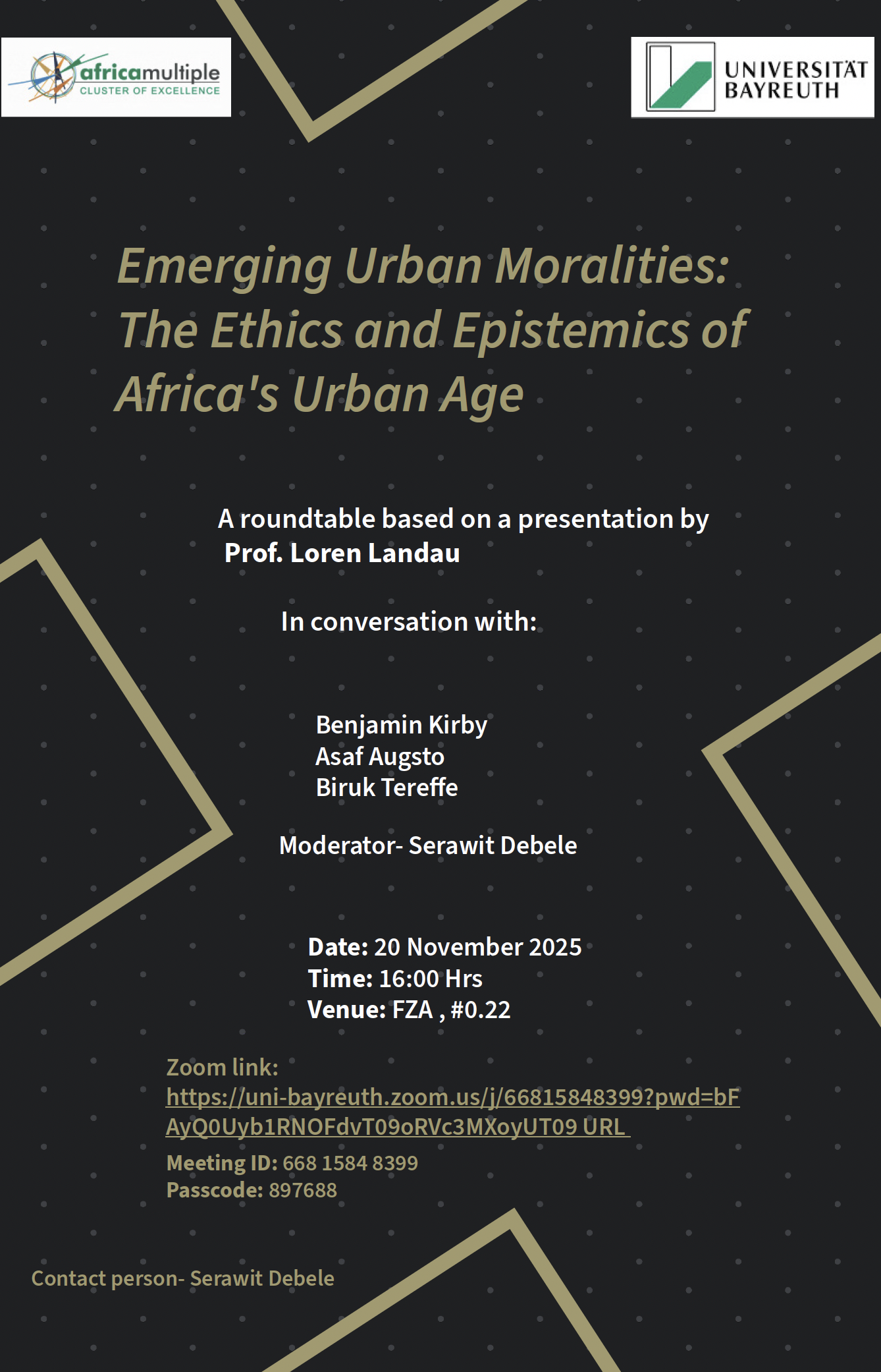 Poster for the roundtable discussion "Urban Moralities and (In)Security in African Cities" (20 November)